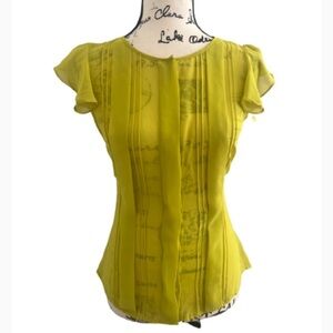 Worthington Top Blouse cap‎ ruffle sleeves neon green button up size medium